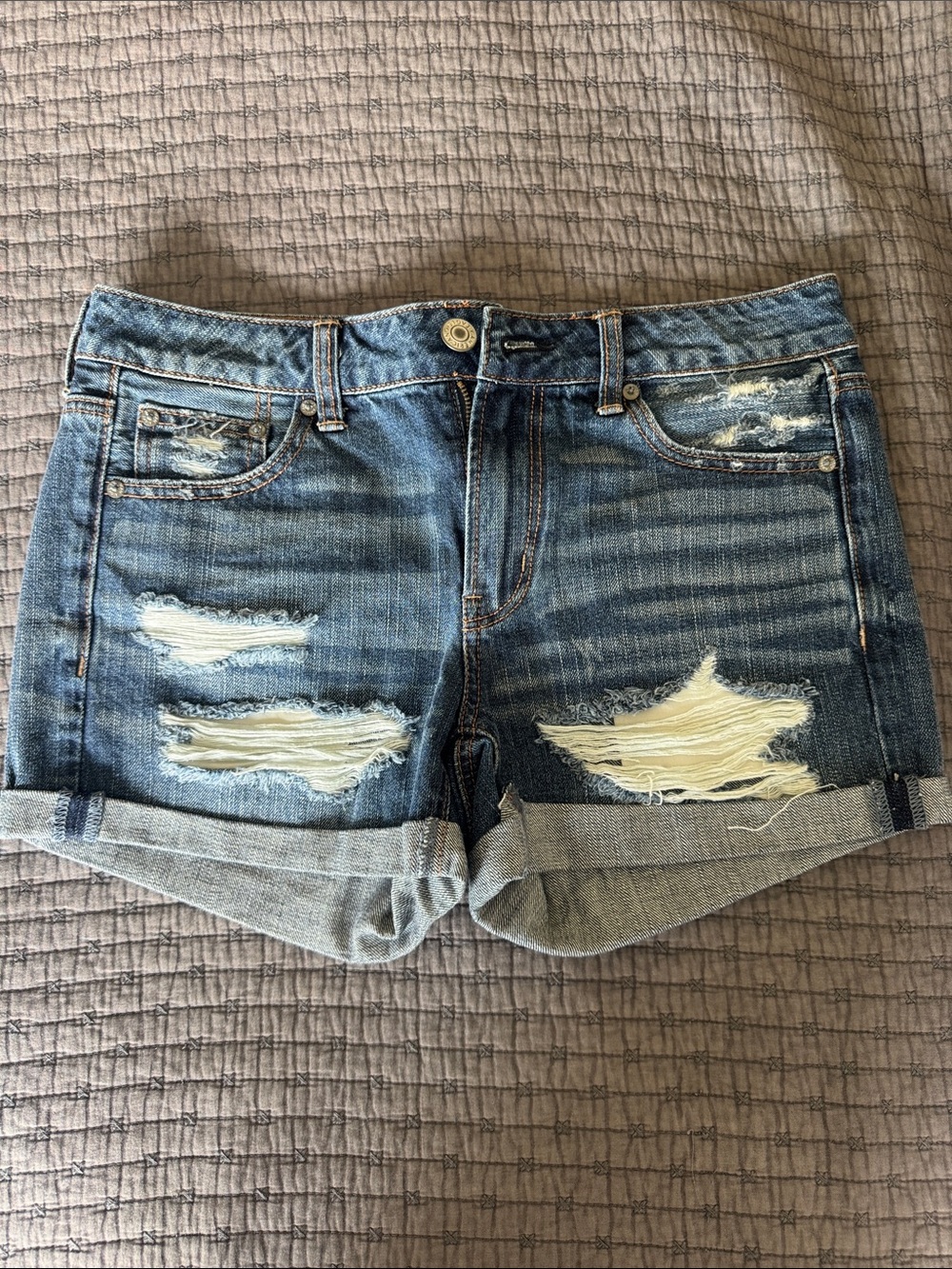 American Eagle Outfitters Distressed Roll-Cuff Denim Shorts - Blue